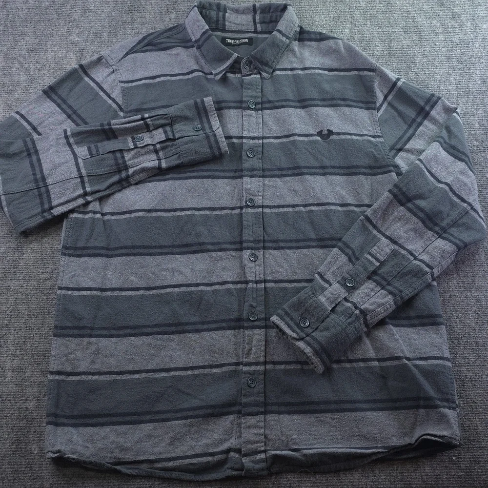 True Religion‎ Flannel Shirt Medium Gray Green Striped Button Up Outdoors